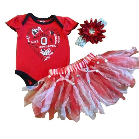 Buckeye OSU Ohio State University 3 Piece Tutu Tee Head band Bow Size 6/9 Months - Picture 1 of 13